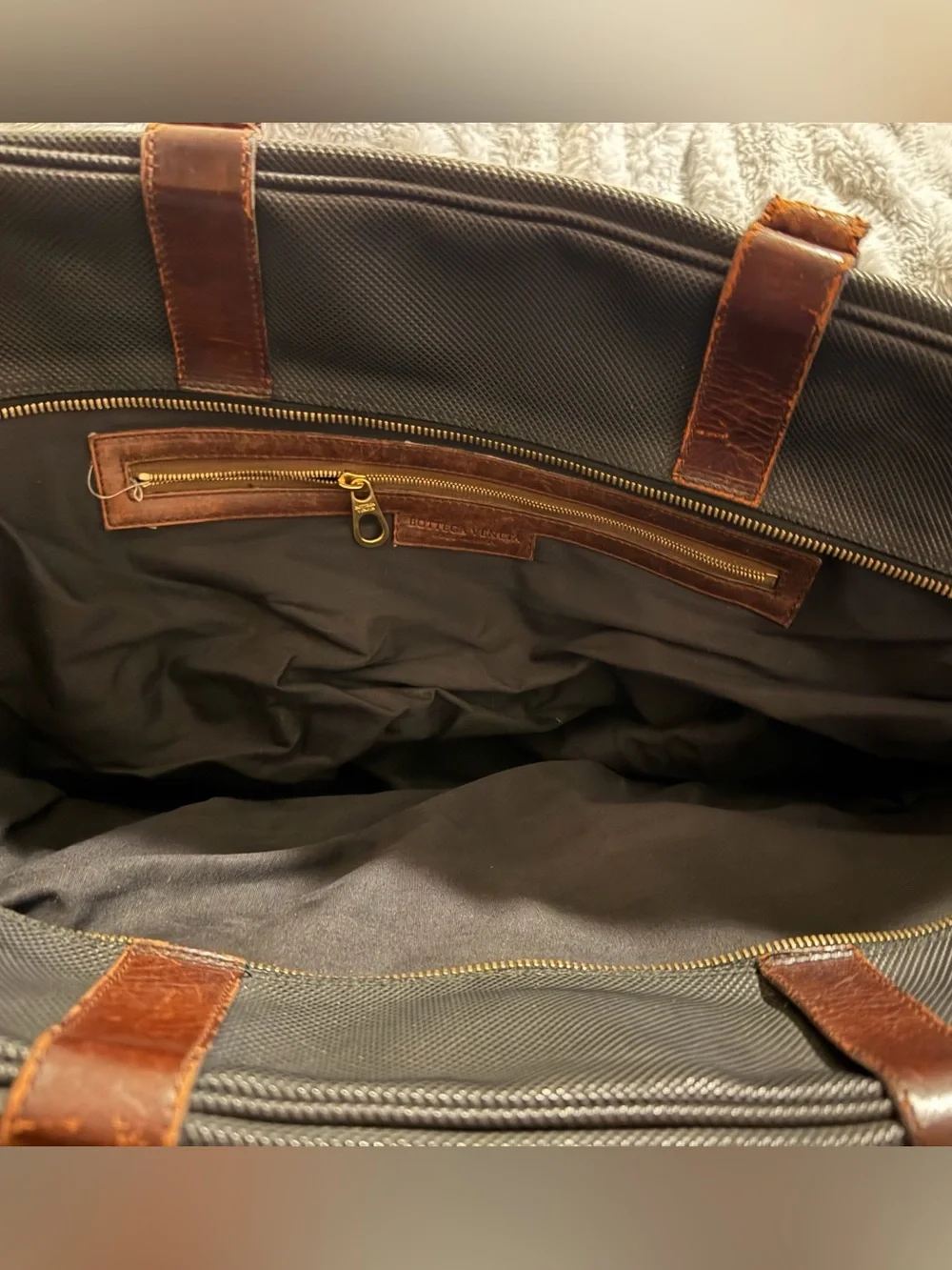 Bottega Veneta Black Weekender Bag with Brown Leather Handles
